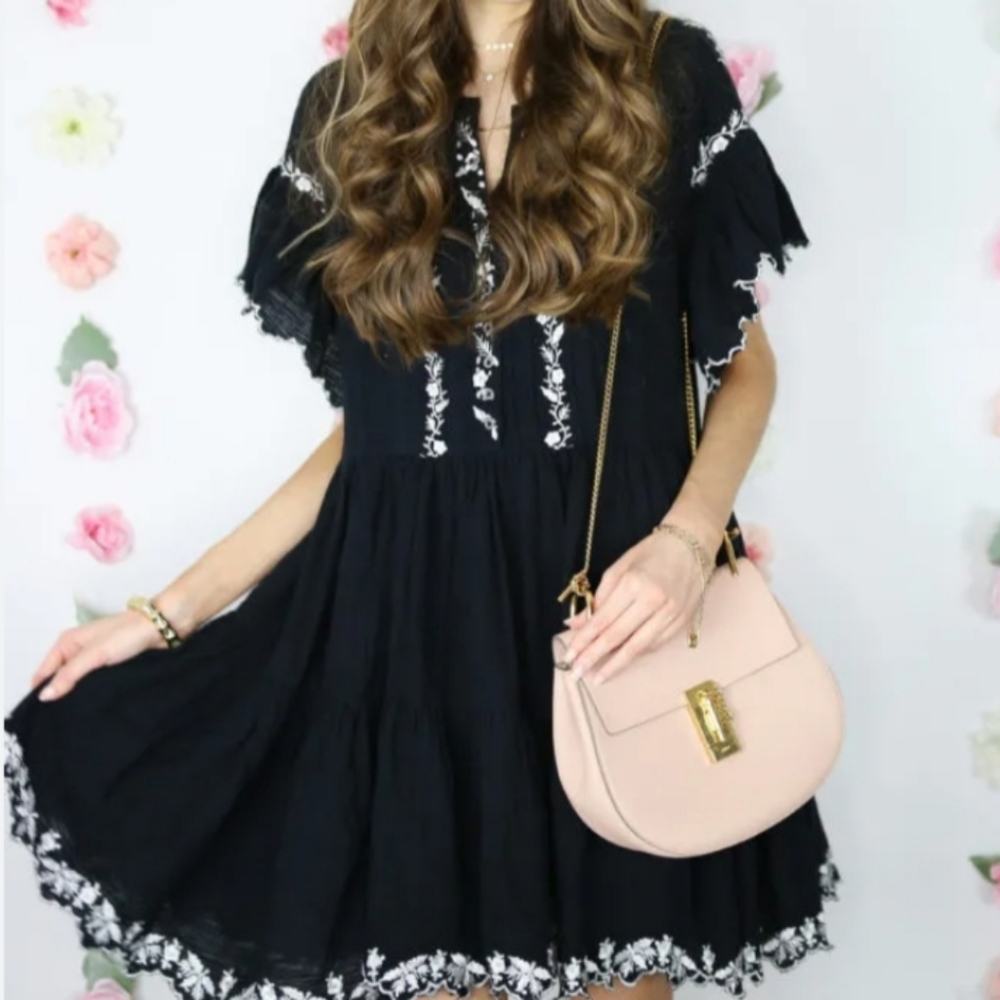 Free People Black Santiago White Embroidered Flutter Sleeve Oversized Dress XS